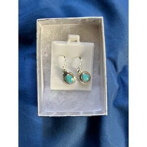 925 Sterling Silver Turquoise Dangle Earrings Oval Southwestern Rope Border